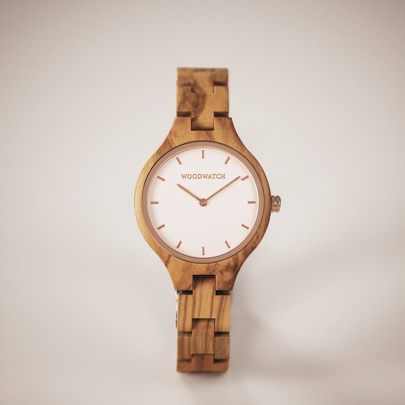 The AURORA Collection breaths the fresh air of Scandinavian nature and the astonishing views of the sky. This light weighing watch is made of European Olive Wood, accompanied by a light stainless-steel dial with a rose gold highlight and shining rose gold