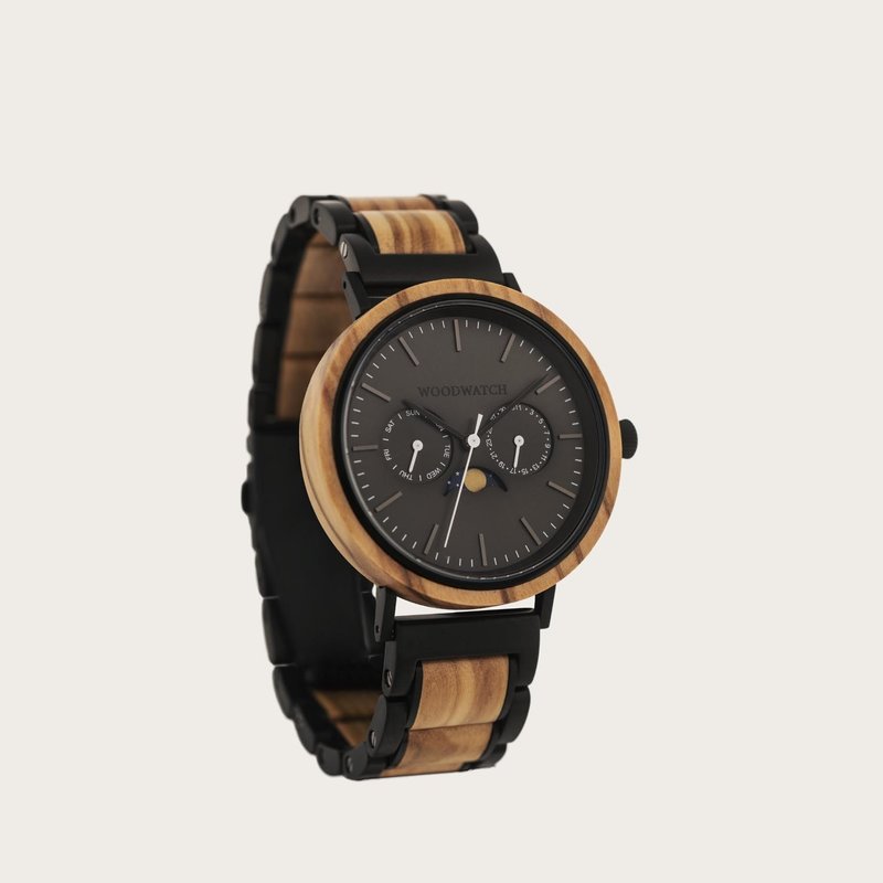 The ELEMENT Collection is comprised of four unique designs in the WoodWatch range, showcasing a combination of 316 stainless steel and wood. The 41mm diameter Carbon Olive watch features our characteristic moonphase movement and two subdials to display th
