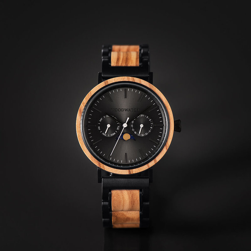 The ELEMENT Collection is comprised of four unique designs in the WoodWatch range, showcasing a combination of 316 stainless steel and wood. The 41mm diameter Carbon Olive watch features our characteristic moonphase movement and two subdials to display th
