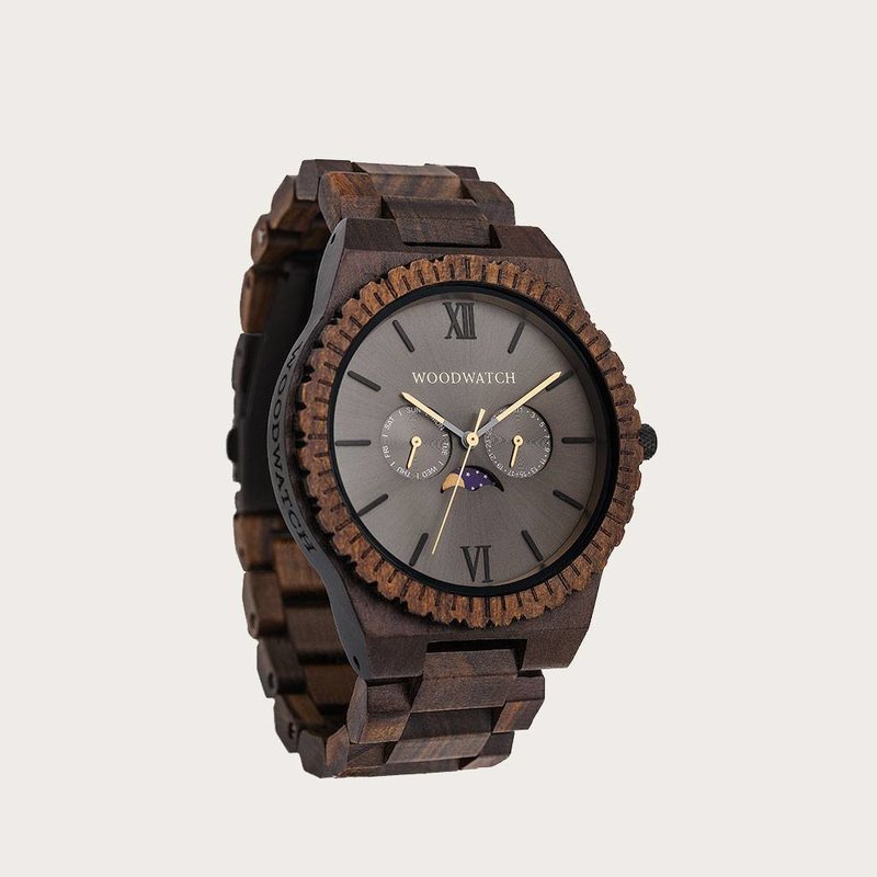 This premium designed watch with moon phase, combines unique new wood types with a luxurious stainless steel dial and backplate. At the heart of the timepiece comes an all new multi-function movement that includes two extra subdials featuring a week and m